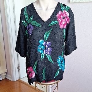 Stenay Black Top with Colorful Floral Embellishments